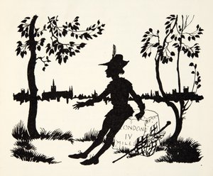 Fordítsa vissza Whittingtont, London háromszoros főpolgármesterét a The Arthur Rackham Fairy Book kocsmából. 1933 alkotó: Arthur Rackham
