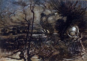 Két karakternek nem sikerül megfulladnia a mocsárban, Puck segít nekik a tűzben. Illusztráció: Arthur RACKHAM (1867-1939) William SHAKESPEARE: Egy nyári éjszaka álmához alkotó: Arthur Rackham