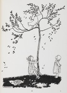 Két gyerek megpróbál letenni egy macskát a fáról. alkotó: Arthur Rackham