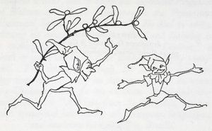 Két manó játszik, az egyik egy fagyöngyszálat cipel alkotó: Arthur Rackham