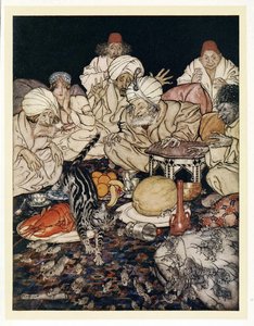 Amikor Puss meglátta a patkányokat és az egereket, nem várta, hogy elmondják neki, az English Fairy Tales kocsmából. 1922 alkotó: Arthur Rackham