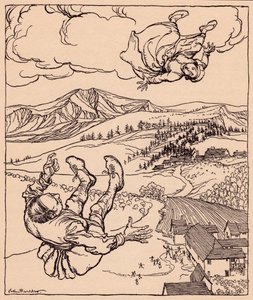 Amikor a férje meglátta, felkiáltott: Szia! gyere hozzám ide". Arthur Rackham illusztrációja Grimm meséjéből, A fiatal óriás." alkotó: Arthur Rackham