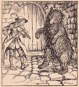 Amikor a medve meghallotta a zenét, nem tudta megállni, hogy elkezdjen táncolni. Illusztráció: Arthur Rackham a Grimm meséjéből, A ravasz kis szabó c. alkotó: Arthur Rackham