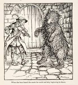 Amikor a medve meghallotta a zenét, nem tudott nem kezdeni táncolni, a Little Brother & Little Sister és a Grimm testvérek más meséiből, pub.1917 (litho) alkotó: Arthur Rackham