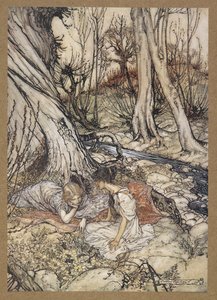 ... Ahol te és én gyakran hazudunk kankalinbimbóknak, kiürítve keblünket tanácsaiktól. Hermia és Helena. Jelenet a Szentivánéji álomból. alkotó: Arthur Rackham