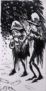 „Yule Logs, Snapdragon, Wassail, Waits and Holly”, illusztráció az „Old Friend Christmas”-ből, szerző: C.V. Godby (toll és tinta monokróm akvarellel és testfestékkel papíron) alkotó: Arthur Rackham