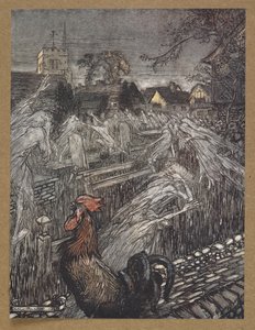 ... a kísértetek ide-oda vándorolnak, hazatérnek a templomkertekbe. Jelenet a Szentivánéji álomból. alkotó: Arthur Rackham