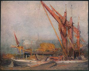 Szénabárkák a Temzén, 1905 alkotó: Arthur Streeton
