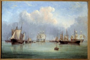 Tengerészeti Hajók és vitorlások kikötve. Arthur Wellington Fowles (1815-1883) festménye, 19. századi Orleans-i Szépművészeti Múzeum