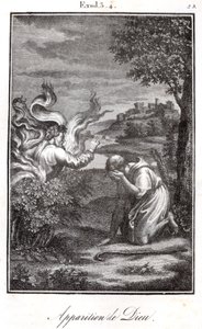 Biblia - Mózes és az égő csipkebokor Isten megjelenik Mózesnek egy égő csipkebokorból. alkotó: Artist Unknown