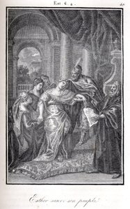 Biblia, Eszter megmenti a népét azzal, hogy megmondja Áhászerosznak, hogy Hámán meg akarja ölni (metszet). alkotó: Artist Unknown