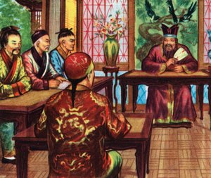 Konfucius, vagy Kong Fu Zi, tanítványaival (nyomtatás) alkotó: Artist Unknown