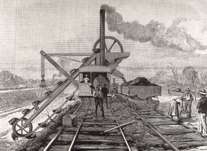 A Panama-csatorna építése. Kotrási munkálatok Culebra településen. Meltor Prior eredeti rajza. A kép a "The Illustrated London News" című lapban jelent meg. Metszet. alkotó: Artist Unknown
