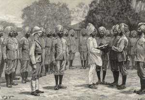 Anglia (19. század). Gyarmatosítás. India. Az új burmai ezredek. Az újoncok eskütétele. Metszet. Magángyűjtemény alkotó: Artist Unknown