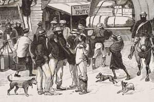 Anglia (19. század). Gyarmatosítás (1880). Az aranyásók élete Ausztráliában. Botany Bay angol gyarmat (1788-ban alapították), amelyet kezdetben főként bűnözőkből lett aranyásók és kereskedők népesítettek be. Metszet. Magángyűjtemény alkotó: Artist Unknown