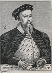 Szász Mór (1521-1553). Szászország hercege (1541-47), majd választófejedelme (1547-53). Protestáns 1539-től. Lucas Cranach festménye alapján készült portré. Metszet alkotó: Artist Unknown