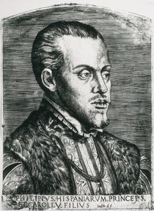 II. spanyol Fülöp (1527-1598). Spanyolország (1556-1598) és Portugália (1580-1598) királya. Fülöp portréja még hercegként. Xilográfia. alkotó: Artist Unknown