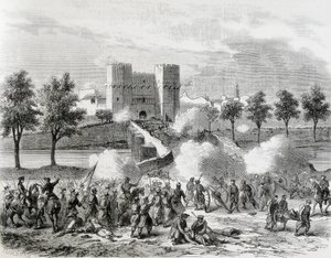 Spanyolország (1868). Dicsőséges forradalom. A kormánycsapatok támadása a valenciai Serrans-kapunál. Metszet az "Illusztrációból. Jorinal Universal". Metszet alkotó: Artist Unknown