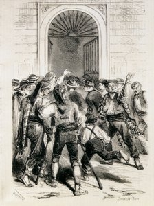 Spanyolország (1873). Az Első Köztársaság kikiáltása és a barcelonai városháza megostromlása (1873. február 11.). Metszet. alkotó: Artist Unknown