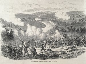 Spanyolország. Az 1868-as forradalom. Alcoleai csata (szeptember 20.), amely II. Izabella trónfosztásához vezetett. Metszet alkotó: Artist Unknown