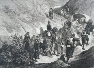 Spanyolország. Harmadik karlista háború. Karlista foglyok sétálnak a hegyeken át Empordában (Katalónia). Metszet. alkotó: Artist Unknown