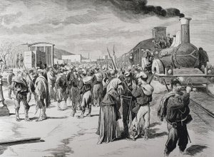 Spanyolország. Harmadik karlista háború. Egy szabadcsapat zászlóaljának indulása Barcelonából a karlisták ellen. Kép a "La Ilustracion espanola y americana" című lapból (1873. április 8.). Metszet alkotó: Artist Unknown