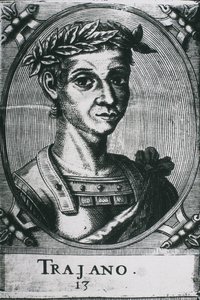 TRAJAN, Marcus Ulpius Traianus (53-117). Traianus portréja babérkoszorúval. Részlet az eredeti metszetről. Metszet. alkotó: Artist Unknown