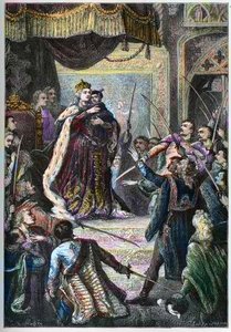 Mária Terézia osztrák nagyasszony a pozsonyi országgyűlésen tett látogatása során átveszi a magyar nemesek hűségesküjét. alkotó: Artist Unknown