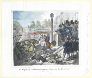 A k. k. támadása. Nassaui gyalogezred a Taborhídnál 1848. október 6-án. alkotó: Artist Unknown
