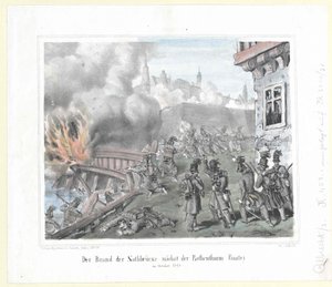 A Rothenthurm bástya közelében lévő Nothbruecke lángja 1848 októberében. alkotó: Artist Unknown