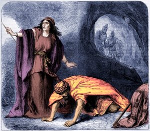 Sámuel felemelése az endori boszorkány által -Biblia (nyomtatás) alkotó: Artist Unknown