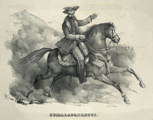 ZUMALACARREGUI, Tomas (1788-1835). Karlista tábornok. Spanyolország. Első karlista háború. Zumalacarregui lovagol. Metszet. alkotó: Artist Unknown