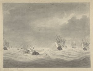 A De Unie hajó elsüllyedése Graaf van Welderen kapitány vezetésével az Északi-tengeren, 1782. október 19. alkotó: Ary van Wanum