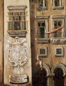 A nápolyi Vicaria udvarának helye Masaniello forradalma idején - A palota bejárata előtt lógó férfit ábrázoló részlet - Ascanio Luciani (kb. 1621-1706) festménye Nápoly, Museo Nazionale di San Martino alkotó: Ascanio Luciani