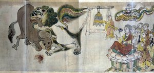 Sariputra diadala az eretnekek felett. A bölcs Sariputra a buddhizmus felsőbbrendűségét bizonyítja azzal, hogy egy oroszlánt mutat be egy csodagyereken keresztül: az őz felfal egy bikát, amelyet egy eretnek mágus hozott napvilágra.