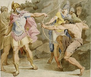 A Philoktétész Ulysses-t célozza meg Herkules íjával – Asmus Jacob Carstens (1754-1798) munkája, Tinta és akvarell papíron (49,5x58,5 cm)