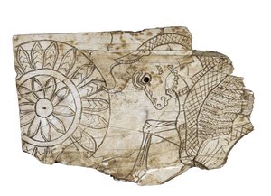 Egy szárnyas bikát ábrázoló emléktábla töredék az iraki Nimrudból, Kr. e. 8. századból
