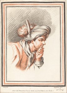 Egy tollas turbánt viselő férfi feje alkotó: Atelier of Gilles Demarteau the Elder after Carle Van Loo