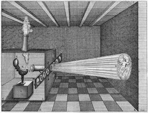 A camera obscura (Varázslámpás) a pokolban égő ember képét vetíti ki – (Varázslámpás. Kircher atya varázslámpása. Korai lámpás diavetítő) Athanasius Kircher „” Ars Magna Lucis Et Umbrae” című művében