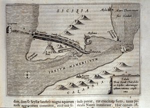 Charybde” és „Scylla” térképészeti ábrázolása Messina Detroitjában, Szicília”” Metszet a „Mundus Subterraneus”-ból”, Athanasius Kircher (1601-1680), jezsuita, orientalista és tudós 1682-ben