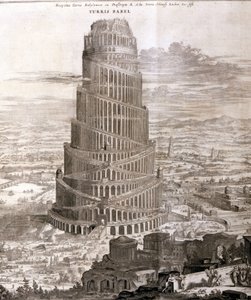 Der Turmbau zu Babel. Rekonstruktion durch Athanasius Kirche in seinem Werk "Turris Babel" über diesen Turmbau und die Geschichte der frühen Menschheit.