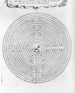A Dedale által tervezett Cnossos labirintus - Középen a minotaurusz - Athanase Kircher "Turris Babel" - Amszterdam alkotó: Athanasius Kircher