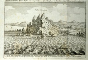 Kilátás „Charybde” és „”Scylla”” szikláira Messina Detroitjában, Szicília”” Metszet a „Mundus Subterraneus”-ból, Athanasius Kircher (1601-1680), jezsuita, orientalista és tudós 1682-ben alkotó: Athanasius Kircher