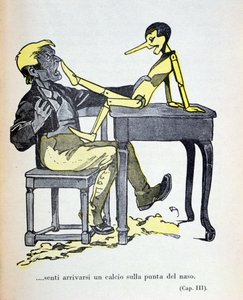 "Gepetto egy rúgást érzett az orra hegyén", illusztráció Carlo Collodi (1826-90) "Pinokkió"-jából, amelyet a Bemporad adott ki 1935-ben (színes metszet).