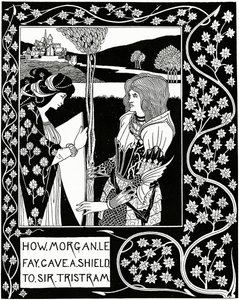 Hogyan adott Morgan le Fay pajzsot Sir Tristramnak, illusztráció Sir Thomas Malory „Le Morte d