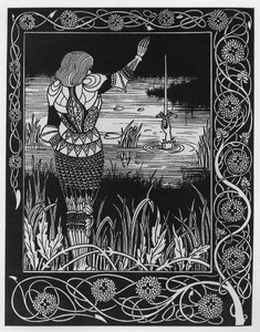 Hogyan dobta Sir Bedivere az Excalibur kardot a vízbe, illusztráció Sir Thomas Malory "Le Morte d