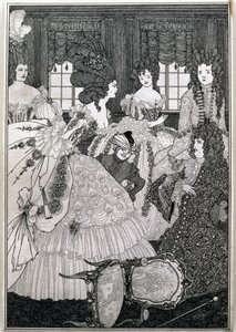 „A Beaux-i és Belles-i csata”, Alexander Pope (1688-1744) kocsma „A zár megerőszakolása” című könyvének nyolcadik illusztrációja. írta: Leonard Smithers alkotó: Aubrey Beardsley