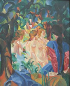 Fürdőző lányok a város háttérében alkotó: August Macke