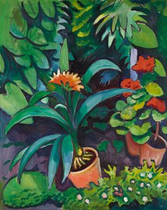 Virágok a kertben, klíviák és muskátlik alkotó: August Macke