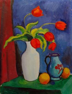 Piros tulipánok fehér vázában alkotó: August Macke
